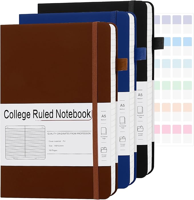 CronElysia A5 Lined Journal Notebooks for Work, 192 Pages, Medium 5.7 x 8.3inch, College Ruled, Vegan Leather Hardcover Journals for Women Men,3 Pack