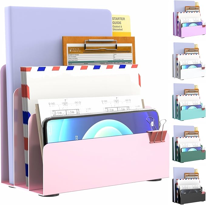 OUTIOE Mail Organizer Countertop, Small Desk File Organizer, Metal File Holder - Essential Workspace Organizers for Office Desk, Home Office (Pink)