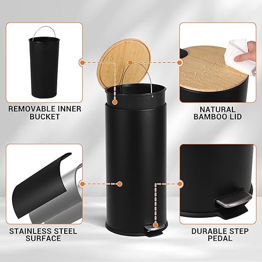 8 Gallon (30L) Step Trash Can with Soft-Close Bamboo Lid – Fingerprint-Resistant Stainless Steel, Removable Inner Bucket, Slim Round Indoor Garbage Bin for Kitchen, Bathroom, Office – Black