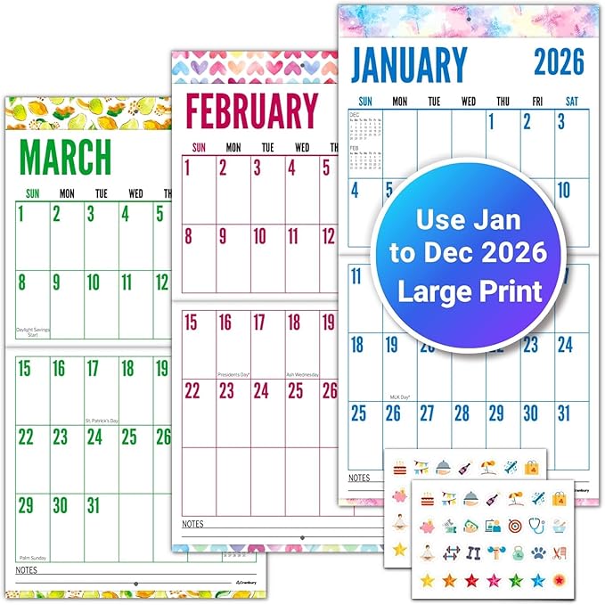 CRANBURY Large Print Wall Calendar 2026, 12x23" Open, 12 Months Seasonal Designs, Use Jan to Dec 2026, Big Numbers, Big Grid, Low Vision Calendar, Non-Glossy Paper for Easy Writing, Includes Planner Stickers