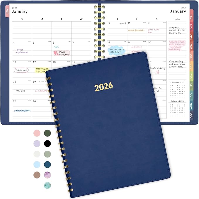 Forvencer 2026 Planner Weekly and Monthly, Jan 2026 -Dec 2026, Vegan Leather Cover Calendar Planner, 8.5" x 11" Agenda with Color Tabs, Inner Pocket, Spiral, 2026 Planner for Office School Supplies