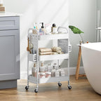 KINGRACK 3 Tier Rolling Cart with DIY Hanging Board, Metal Rolling Utility Cart with Wheels Handles Baskets Hooks, Rolling Storage Cart Suitable for Bathroom, Kitchen, Office, Nursery Diaper (White)