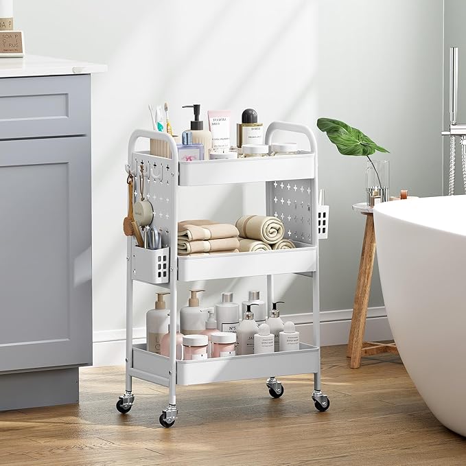 KINGRACK 3 Tier Rolling Cart with DIY Hanging Board, Metal Rolling Utility Cart with Wheels Handles Baskets Hooks, Rolling Storage Cart Suitable for Bathroom, Kitchen, Office, Nursery Diaper (White)
