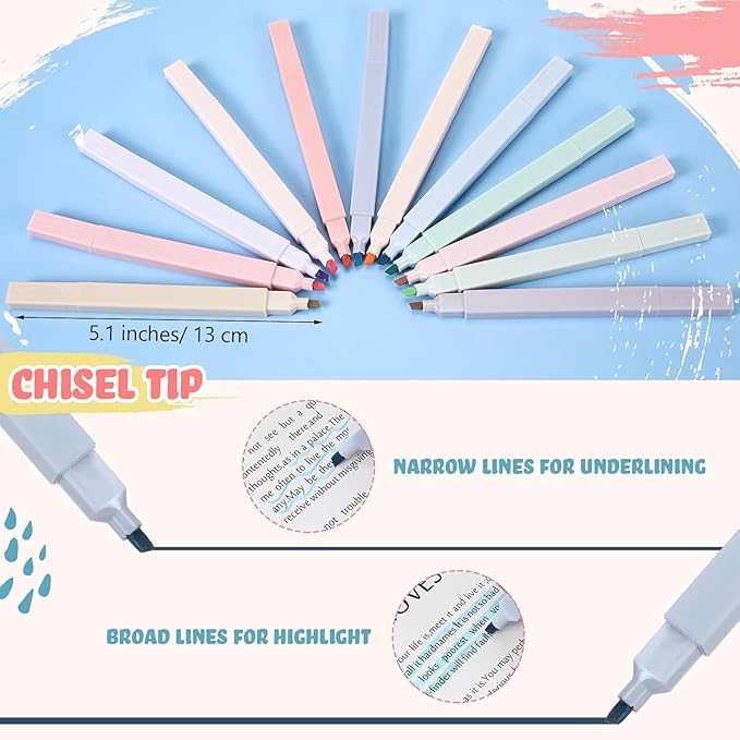 Marspark 216 Pcs Highlighters Bulk Chisel Tip Aesthetic 12 Assorted Colors No Bleed Cute Soft Color Marker Pens for Journal Planner Notes School Study Office Supplies