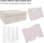 Sprsthai Linen Photo Storage Box – Holds 1700 Photos, 24 Adjustable Dividers & 72 Labels Multi-Use Organizer for Photos, Envelopes, Recipes Beige