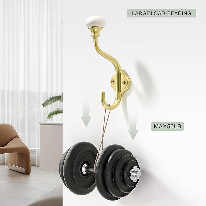 TUNNY Coat Hooks - 5 Pack Brushed Gold Towel Hooks Robe Hooks Decorative Wall Hooks for Bathroom Bedroom Kitchen Towel Robe Clothes Cabinet Closet Bathroom Hardware