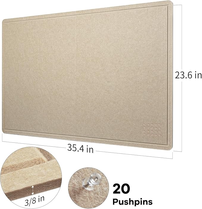 Lightomorrow Bulletin Board, 36 x 24 inches Felt Board - Decorative Pin Board, Cork Board Alternative for Wall, 3' x 2' Foldable Self-Adhesive Vision Board Prayer Board with 20 Pushpins - Beige Brown