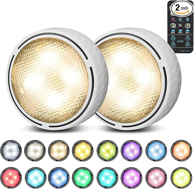 Onumii Puck Lights with Remote Battery Operated ED Under Cabinet Lighting Wireless Stick on Color Changing Timer Tap Lights for Cabinets Shelves Closets Display Case - 2Pack White