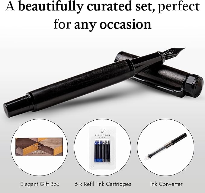 Ellington Pens Luxury Wood Fountain Pen Set – Fine Nib - Includes 6 Ink Cartridges, Wooden Pen Gift Box, Ink Converter - Wood Pen For Writing, Calligraphy, Journaling, Drawing (Ebon Elegance)