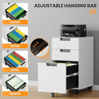 AFAIF 3 Drawer File Cabinet with Lock, Fully Assembled Metal Mobile Filing Cabinets for Home Office, Small Rolling File Caninet on Wheels for Legal/Letter / A4 File, White