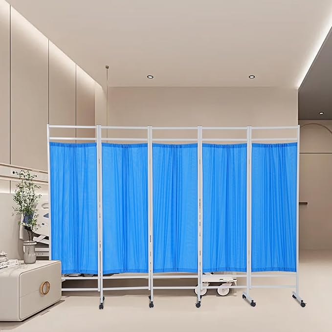 Medical Privacy Screens, Waterproof Nylon Fabric, 98.4 * 70.9 in Foldable Rolling Medical Privacy Screen with Silent Wheels, Suit for Hospitals, Clinics, and Nursing Homes (Blue, 5 Panels)