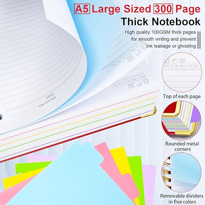 Hardcover Spiral Notebook 6.2"x 8.2" Journal Notebook with Tabs and Removable Dividers 300 Pages 5 Subject Notebook College Ruled, Faux Leather Spiral Bound Notebook for Women School Work(Red)