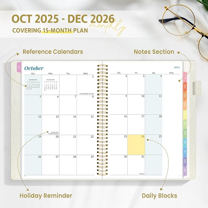 2026 Planner, Annecy Weekly ＆ Monthly Planner 2026, Jan. 2026 – Dec. 2026, 9" x 11" Monthly Agenda Planner with Tabs, Flexible Linen Cover, Spiral Binding, Double-sided Pocket, Bookmark, Beige