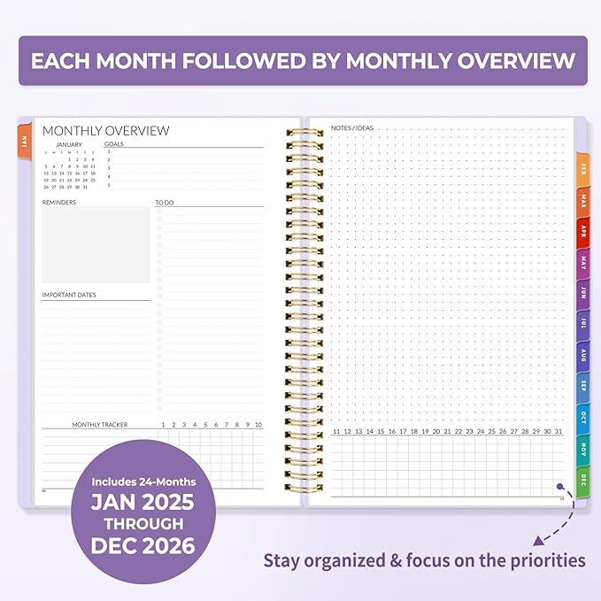 SUNEE 2026-2027 Planner - 24 Months (Jan 2026 - Dec 2027) - 7"x10" Monthly Spreads & Yearly Planner, Purple