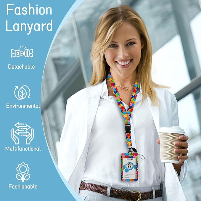 ID Badge Holder with Breakaway Lanyard, Lanyards for ID Badges Name Tags ID Card Holder, Cute Badge Reel Badge Clip Retractable, Autism Awareness Gifts