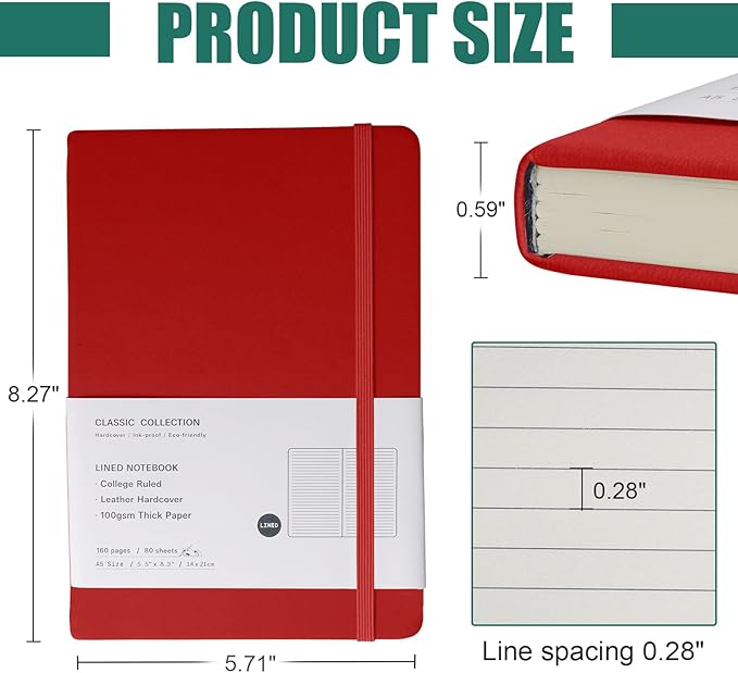 EMOMAS Lined Journal Notebook – Hardcover Notebook for Men & Women – Journals for Writing, Work, School, Home & Daily Notes, 160 Pages – Medium A5, 5.7"x8", 100 gsm Thick Paper (Red)