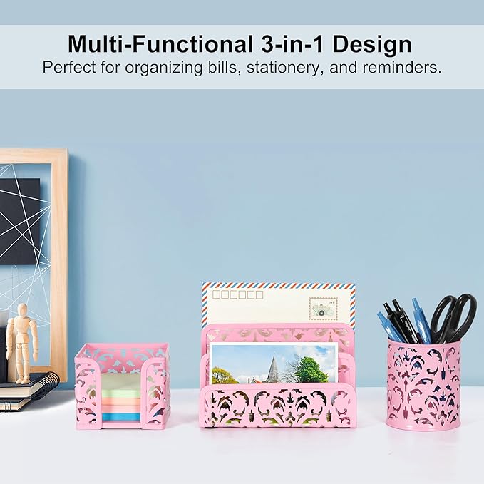 EasyPAG Desk Organizers and Accessories 3 Pieces Office Organizer Set - Pen Holder for Desk, Mail Sorter Countertop and Sticky Note Holder, Pink