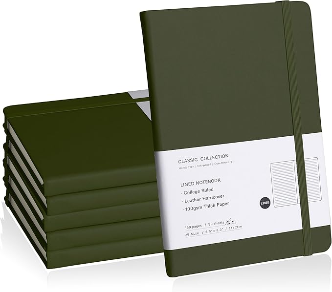 EMOMAS Lined Journal Notebook, 6Pack Hardcover Notebook for Men & Women – Journals for Writing, Work, School, Home & Daily Notes, 160 Pages – Medium A5, 5.7"x8", 100 gsm Thick Paper (Olive Green)