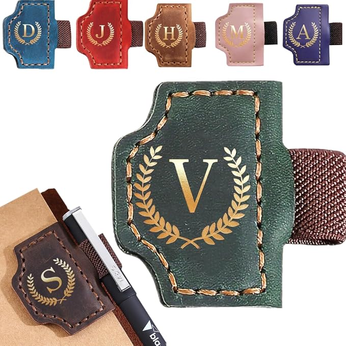 Personalized Mark Bookmark with Pen Holder, Leather Magnetic Book Marker 26 Letters,Custom Initials Page Marks, Gifts for Book Lovers Readers Men Women (Green, V)