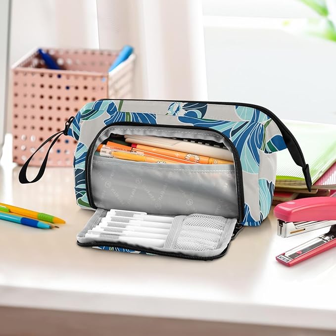 Bolaz Big Capacity Pencil Pen Case Pouch Bag School College Office Organizer for Teens Girls Adults Student-Blue Flower Pattern