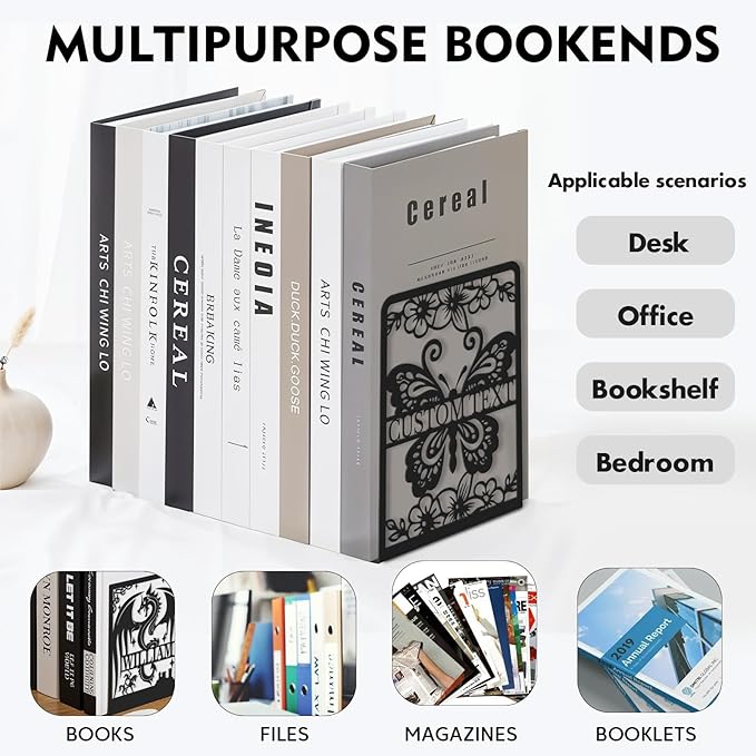 Personalized Butterfly Decorative Book Ends, Heavy Duty Bookends for Shelves, Non-Slip Book Stopper, Metal Modern Bookshelf Decor for Home Office Study Room, Gifts for Readers Color03