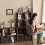 IRONMIX Metal 4 Cube Storage Organizer, Modern Short Bookshelf with Storage, 2 Tier Horizontal Bookshelf Cube Shelf, Small TV Stand Cabinet Display Case for Home Office Library (Dark Wooden, 700)