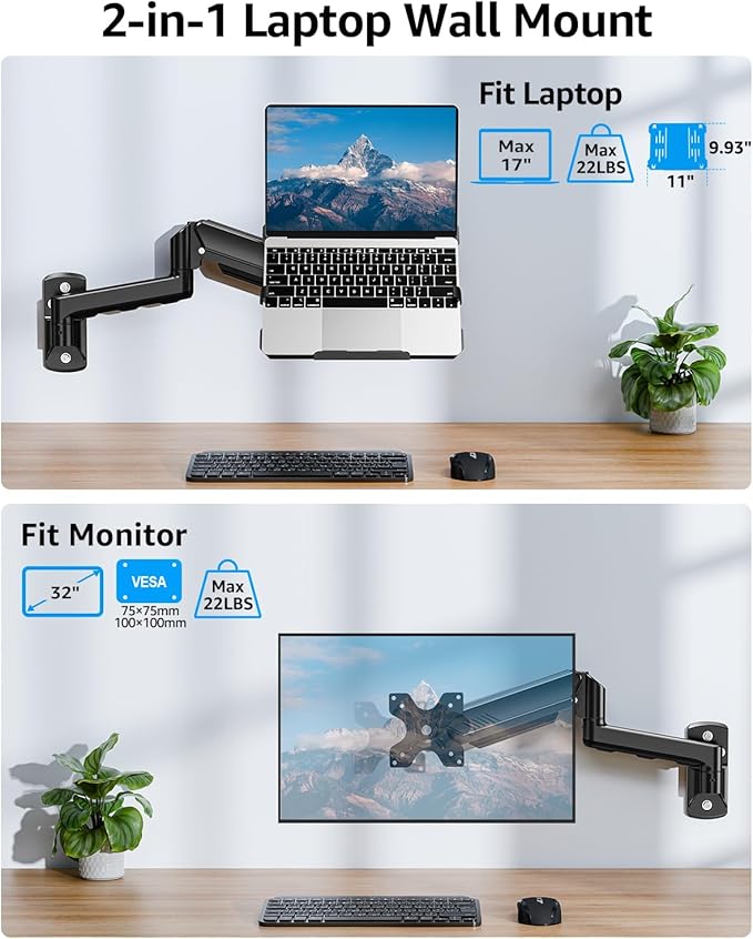 MOUNTUP Laptop Wall Mount, Adjustable Laptop Mount for Max 17" Notebook or Max 32" Monitor, Wall Mount Laptop Holder Holds 4.4-22lbs, 2-in-1 Laptop Arm with Ventilated Tray