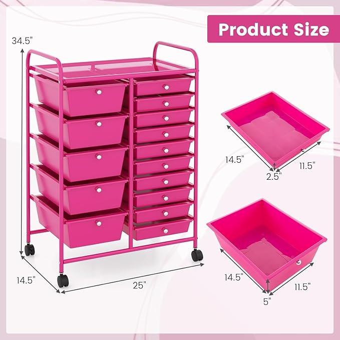 LDAILY 15 Drawer Rolling Storage Cart, Rolling Cart with Drawers for Classroom, Art Supply Craft Organizer on Wheel with Metal Frame & Handles for Home Office School