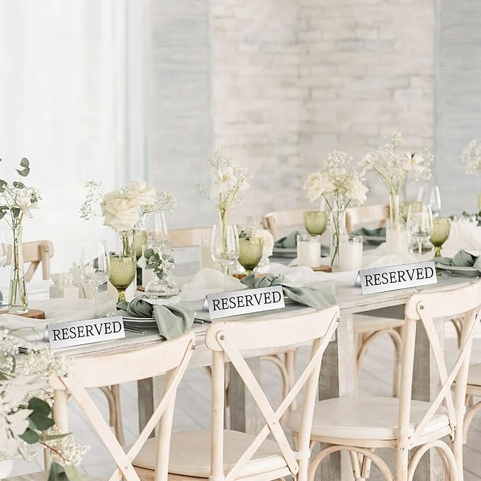 Aemygo 24 Pcs Metal Reserved Table Signs, Silver Table Top Reserved Sign for Restaurants, Double Sided Tent Guest Reservation Table Seat Sign for Wedding, Party, Ceremony, Events(5.91" x 3.15")