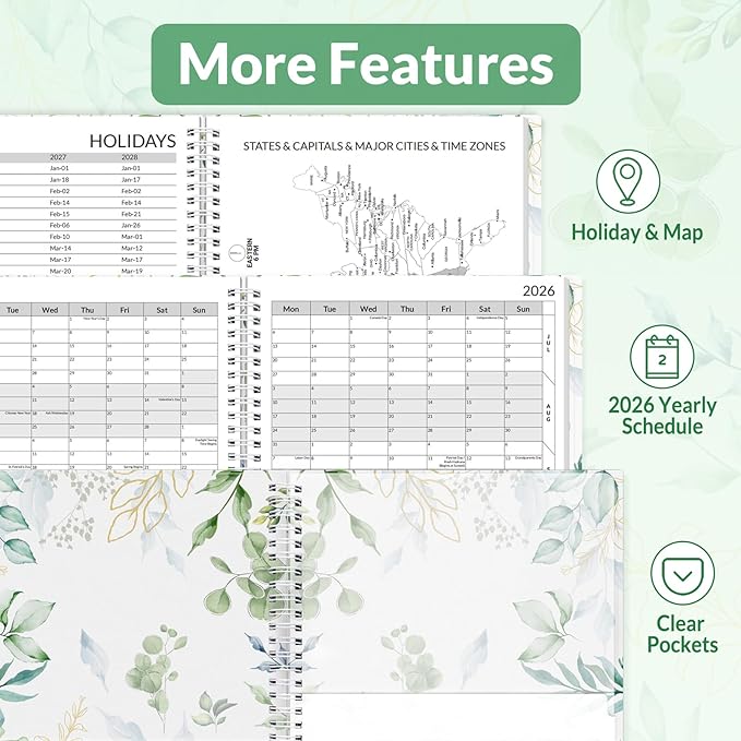 SUNEE 2026 Appointment Book, 2026 Hourly Planner 8.5" x 11", Hourly, Weekly & Monthly Planner - from January 2026 - December 2026, Flexible Cover, Note Page, Pocket, Bookmark, Leaves