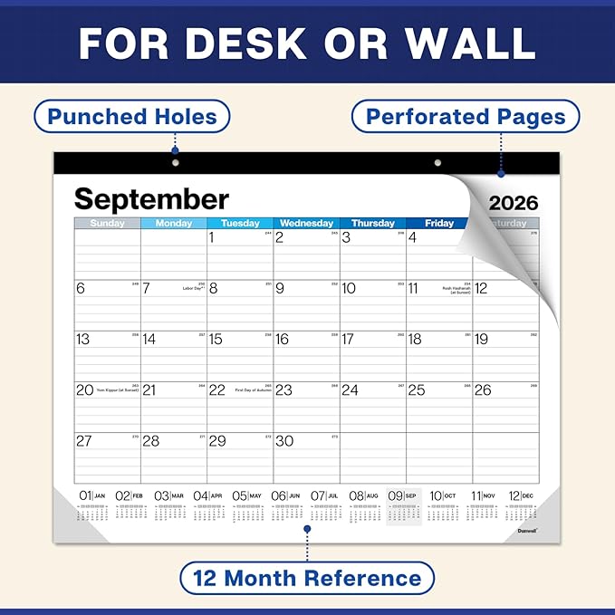 Dunwell 2026 Desk Calendar 22x17 (Blue), 22 x 17 Large Monthly Desk Blotter or Hanging Wall Calendar, Jan–Dec 2026, Lined Daily Blocks, Easy to Read