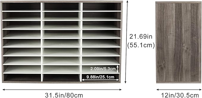 TQVAI Wood Literature Organizer, 27 Slots Hold 13500 Sheets A4 Papers, Wooden Desk File Paper Storage Organizer with Adjustable Shelves, Mailbox Cubbies for Office Home Classroom, Retro Grey/White