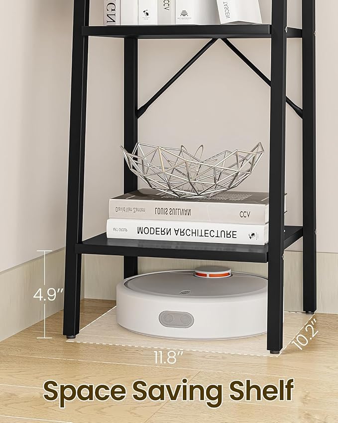 Hzuaneri Ladder Shelf, Bookshelf Bookcase, Freestanding Corner Storage Shelve with 2 Hooks for Home Office, Living Room, Kitchen, Bedroom, Industrial, 11.8" D x 13.4" W x 63" H, Black BC03204B