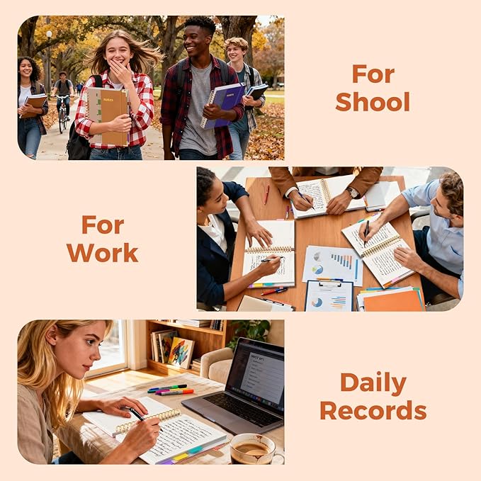 XYark Line Hardcover Spiral Notebook with Removable Dividers Tabs & Ruler, 5 Subject Notebook College Ruled, 300 Page, Large 8"x10" B5 Notebooks for Work School, Lined Journal for Women & Men, Orange
