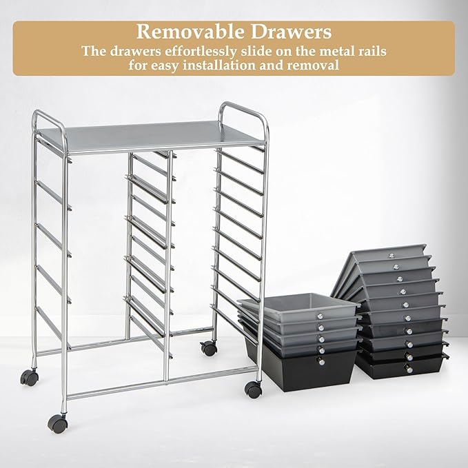 HAPPYGRILL 15-Drawer Rolling Cart, Storage Carts with Removable Drawers & Steel Frame, Utility Cart on Lockable Wheels for Home, School, Office, Black Gradient