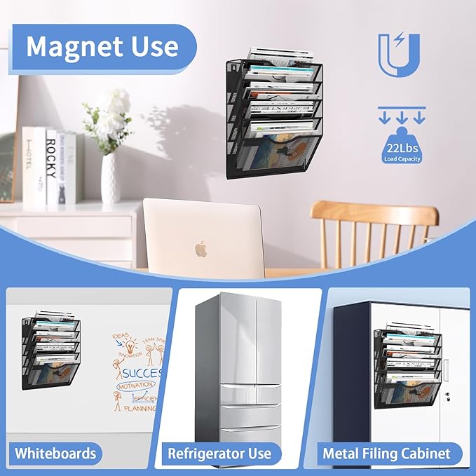 LQPAFZ 5-Tier Magnetic File Holder, No Drilling Installation File Cabinet Organizer, Black Magnetic File Organizer, Magazine Rack, Magnetic Paper Holder for Refrigerator, File Cabinets, Whiteboard