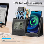 TopMade Wireless Charger with Pen Holder, Leather Desk Nightstand Organizer Home Office Supplies Pencil Holder Fast Charging Station, Digital Thermometer and Humidity Gauge Gifts for Men(Black)