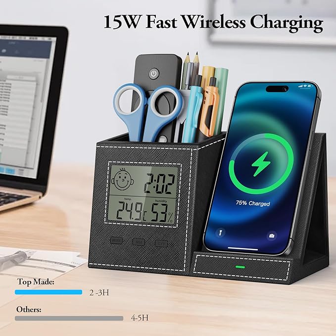 TopMade Wireless Charger with Pen Holder, Leather Desk Nightstand Organizer Home Office Supplies Pencil Holder Fast Charging Station, Digital Thermometer and Humidity Gauge Gifts for Men(Black)