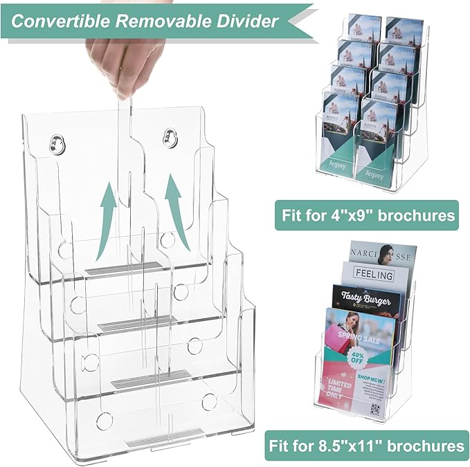 Argvey Acrylic Brochure Holder 8.5 x 11 inches, 4 Tier Clear Brochure Display Stand with Removable Divider for Trifold 4 Inches Wide Pamphlet, Plastic Flyer Holder for Magazine, Literature, Booklet