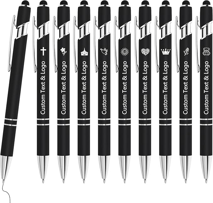 WYPAS Bulk Custom Pens - Personalized with Name, Engraved Text/Logo - Stylus Tip, Black Ink - Options for Corporate Gatherings, Events & Promotions (Black)