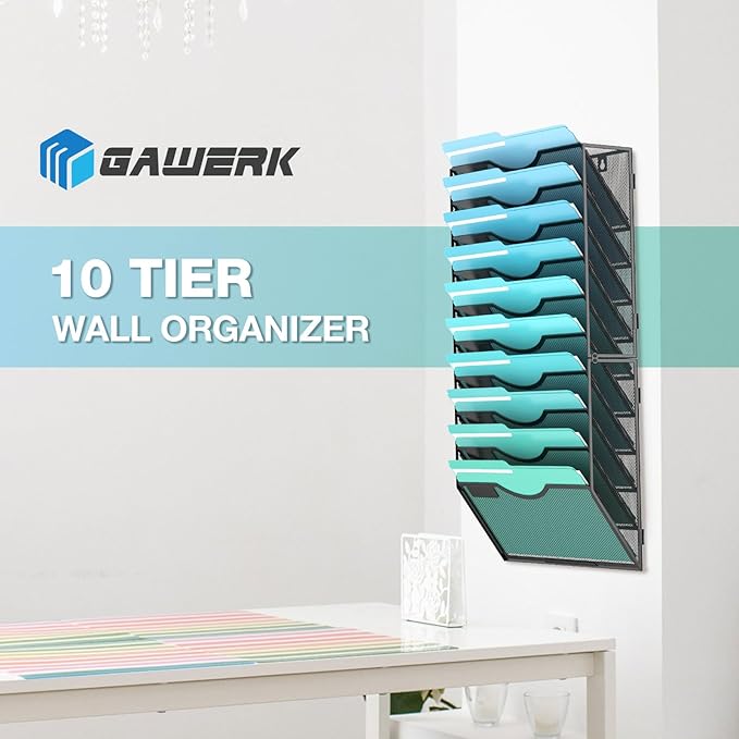 Gawerk 10-Tier Wall File Organizer Hanging Wall File Holder Wall Mount Paper Folder Organize, Mesh Magazine Document Mail Organizer Wall Organizer for Office School Home, Black