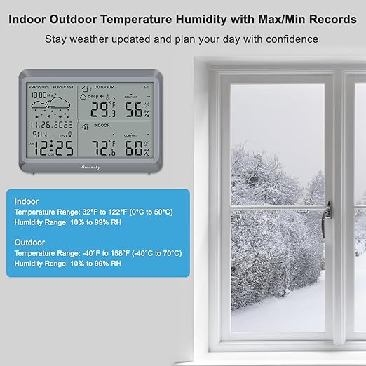 DreamSky Weather Station Indoor Outdoor Thermometer Wireless - Atomic Clock with Indoor/Outdoor Temp, Date & Day, Battery Powered, Home Weather Forecast Clock with Inside Outside Temperature Humidity