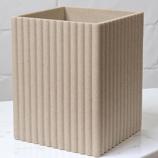 DoveeDosa Black Luxury Stone Bathroom Trash Can, Modern Bathroom Office Trash Can, Resin Wastebasket, Garbage Receptacle Bin for Bathrooms, Offices, Powder Rooms, Kitchens (Square Beige)