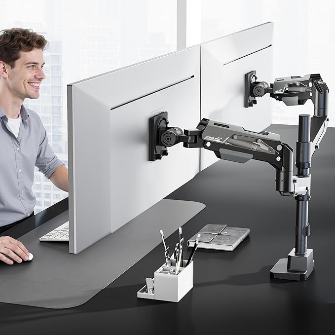ARES WING Vertical Dual Monitor Mount - 24-57" Aluminum Heavy Duty Monitor Arms for 2 Monitors, Fully Adjustable Gas Spring Stacked Monitor Stand with 75/100/200 Vesa Mount, Black