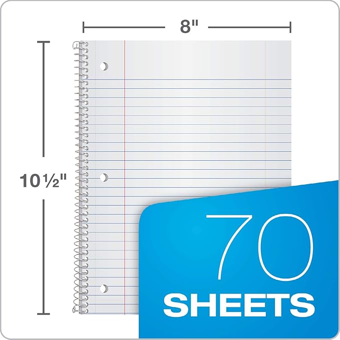 Oxford Spiral Notebooks, 1 Subject, Wide Ruled Paper, 70 Sheets, 24 per Pack, Colors May Vary (65000)