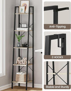 Hzuaneri Ladder Shelf, Bookshelf Bookcase, Freestanding Corner Storage Shelve with 2 Hooks for Home Office, Living Room, Kitchen, Bedroom, Industrial, 11.8" D x 13.4" W x 63" H, Greige BC03205B