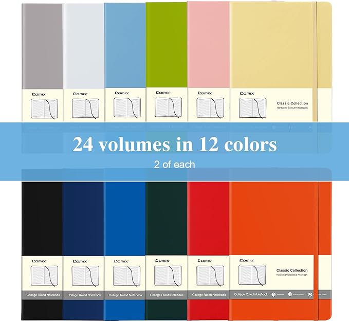COMIX 24 Pack Lined Journal Notebooks for Work, 240 Pages, Medium 5.5" x 8.3", A5 Hardcover Journaling Notebooks for Business School Office, Notebooks Journals for Women & Men