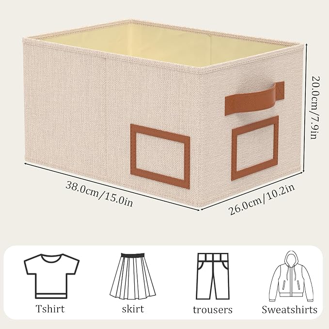 OUTBROS Foldable Storage Box for Shelves, 15 x 10.2 x 7.9 inch Fabric Baskets, Wardrobe Organiser with Handles, Suitable for Storing Clothes, Books, Cosmetics (Beige, 3-Pack)