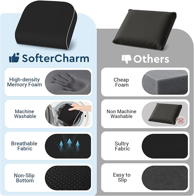SofterCharm Seat Cushion, Memory Foam Office Chair Cushions for Long Sitting Hours, Chair Pad for Sciatica, Coccyx, Tailbone, Hip Pain & Pressure Relief, Office, Home,Car Seats,Airplane, Black/X-Large