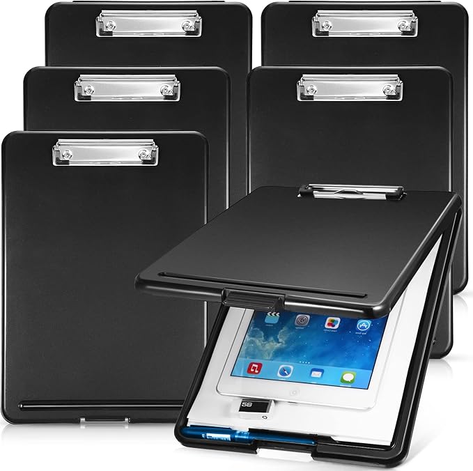 6 Pieces Clipboard with Storage, 9.5 x 13.5 Heavy Duty Plastic Storage Clipboard, Nursing Foldable Clip Board with Compartment and Metal Clip for Nurse Teacher Student Classroom Office (Black)